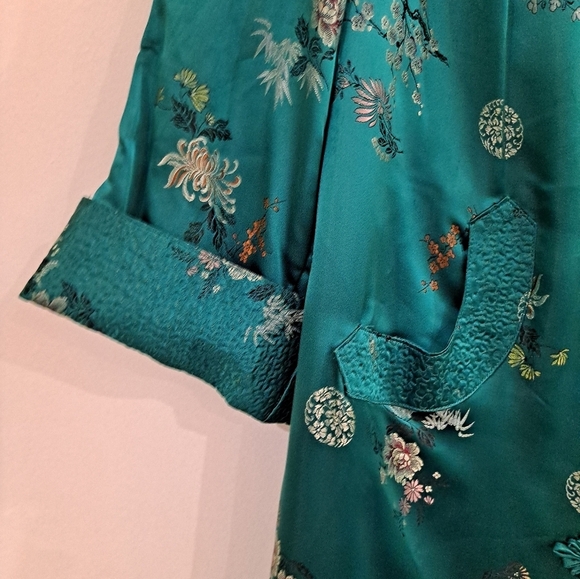 VTG 60's Turquoise Asian Style Chinese Dress/Coat/Robe/Silk Embroidered 44 Flaws - Picture 13 of 13